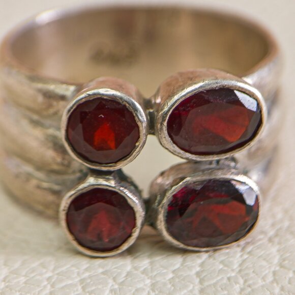 Sterling Four-Garnet Cluster Ring — Size 8.5 (wide band) - Picture 1 of 9